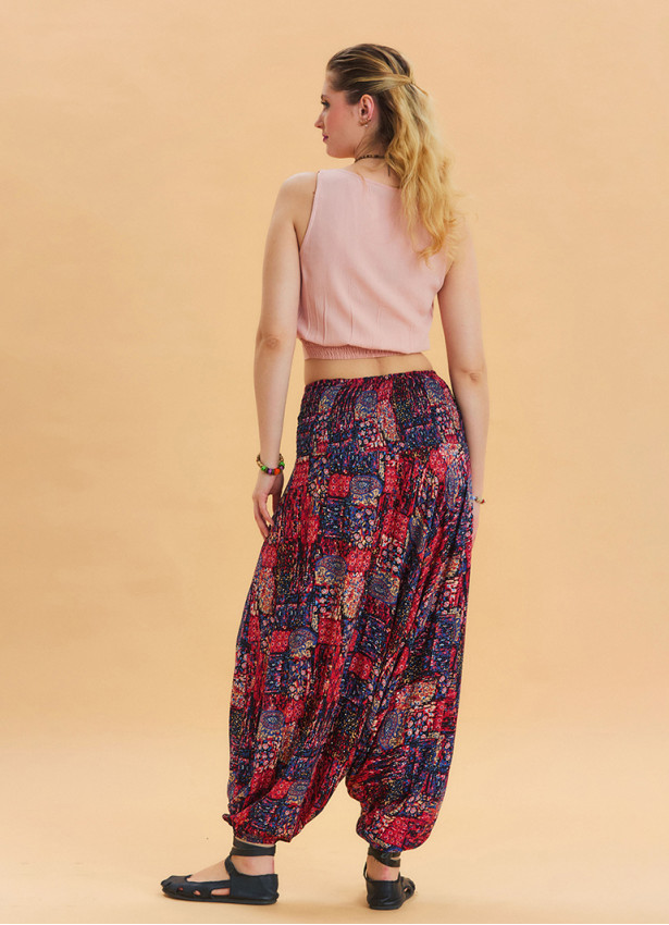 Red Bohemian Shalwar with Elastic Waist and Gipe Detail 4536